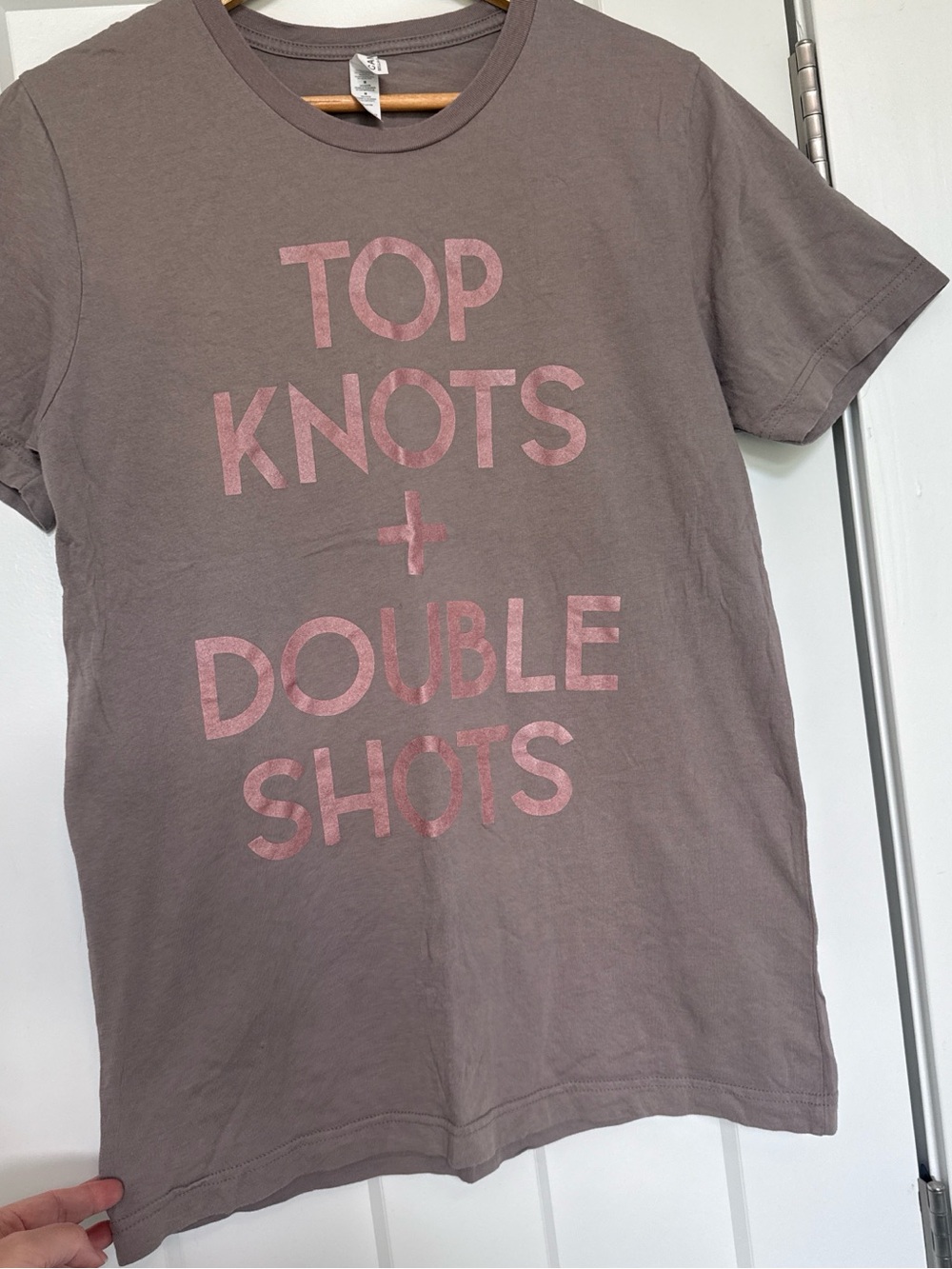 Bella Canvas Taupe Short Sleeve Tee with Pink Lettering